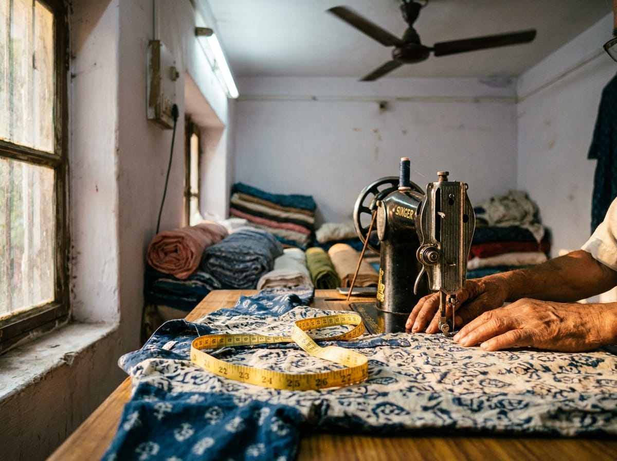 Tailor measuring fabric in a small shop